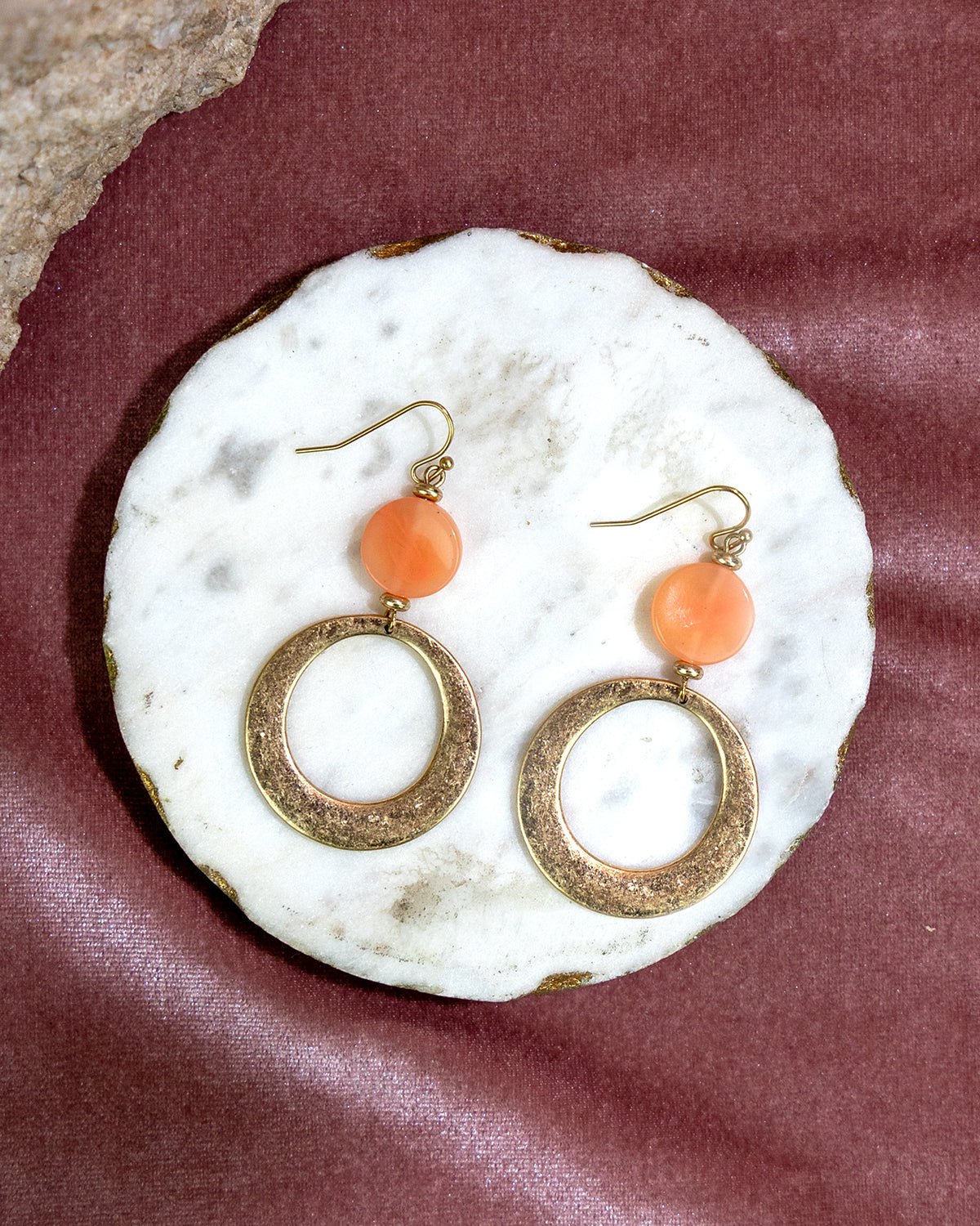 Gold Hoop Earrings with coral Stone Accent