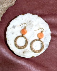Gold Hoop Earrings with coral Stone Accent