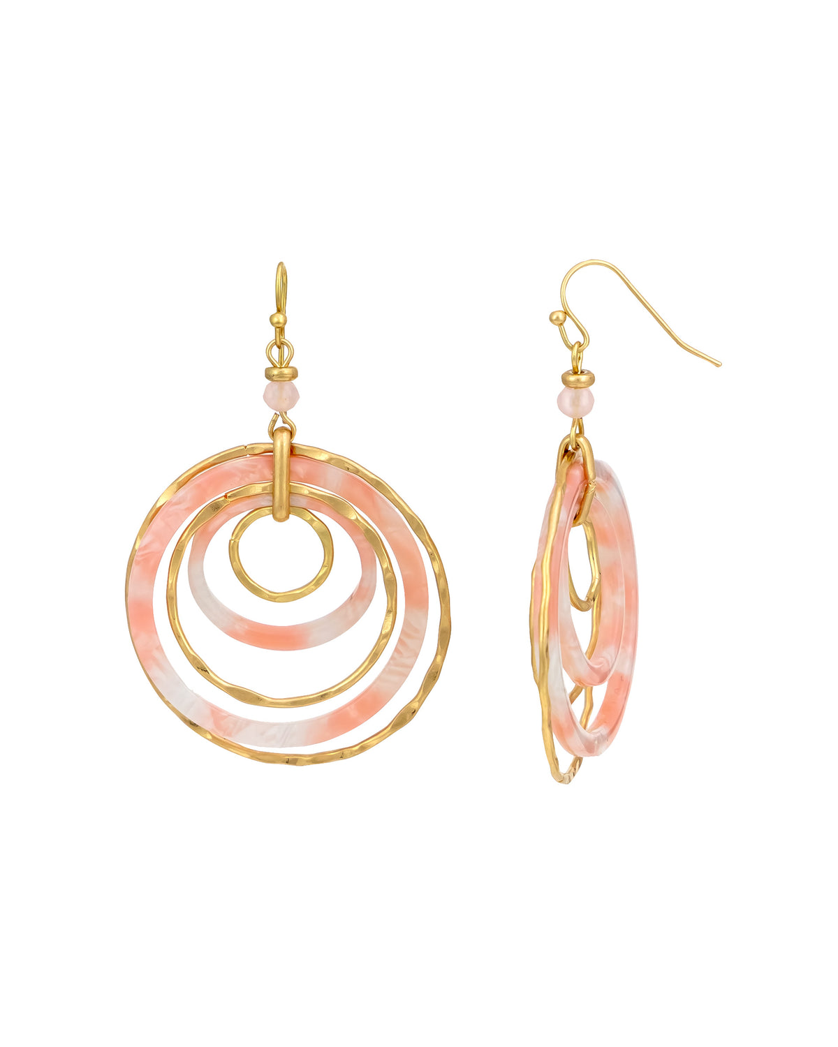 Layered Circle Drop Earrings with Pink Accents displayed on white background – Dauplaise Jewelry