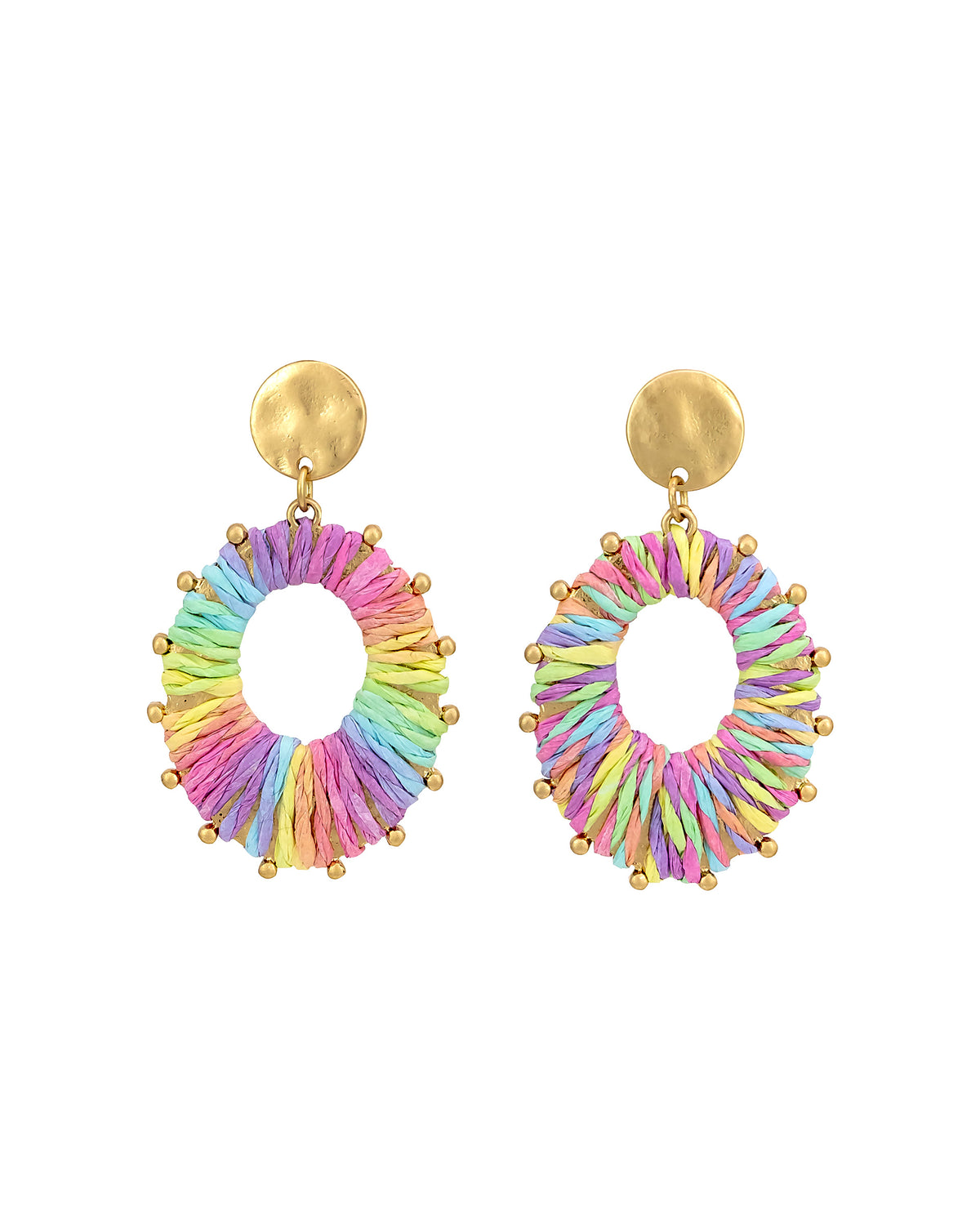 Rainbow Woven Circle Earrings displayed on white background – Dauplaise Jewelry