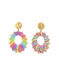 Rainbow Woven Circle Earrings displayed on white background – Dauplaise Jewelry
