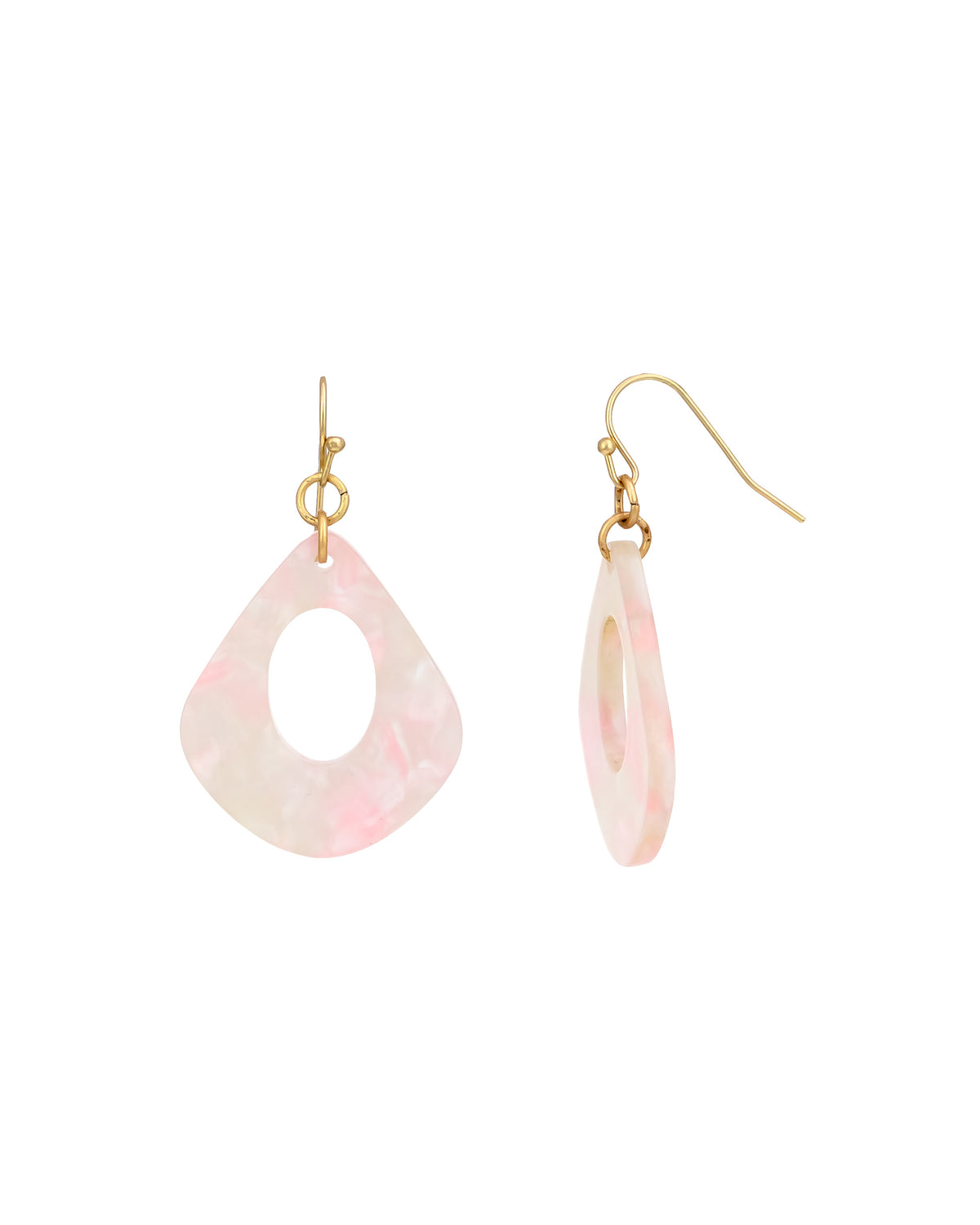 Pink Marbled Drop Earrings with Gold Accents displayed on white background – Dauplaise Jewelry