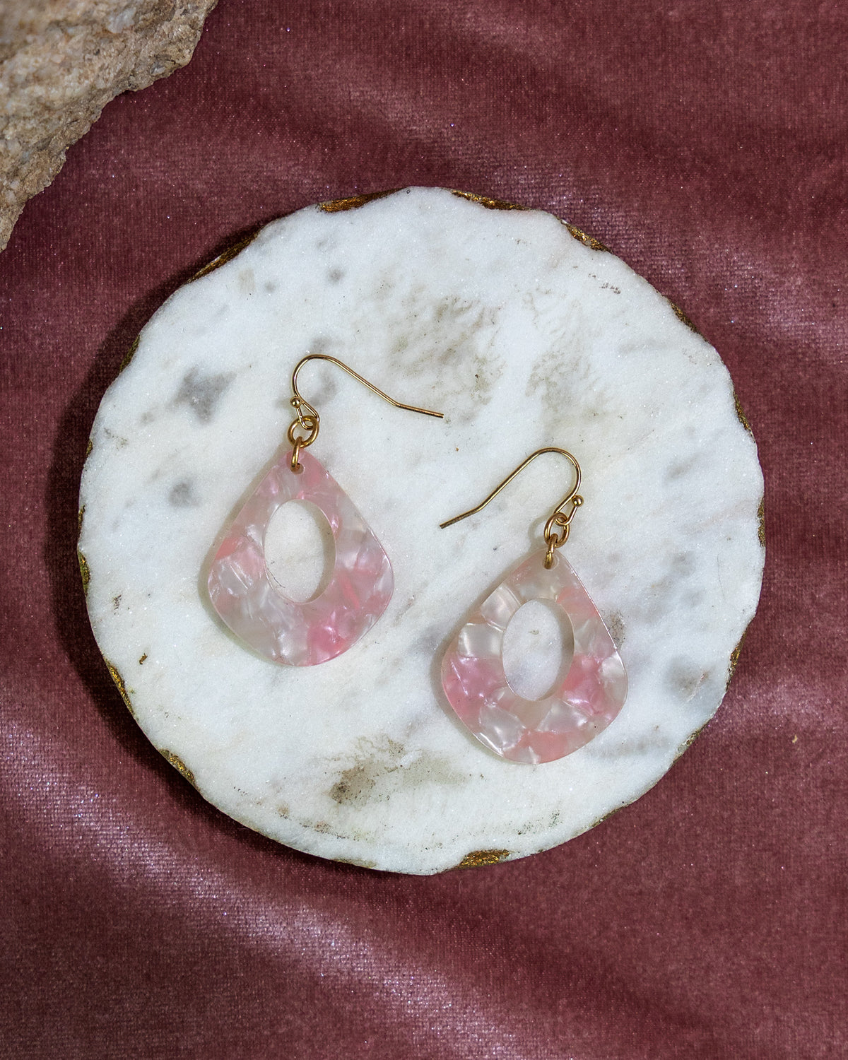 Pink Marbled Drop Earrings with Gold Accents