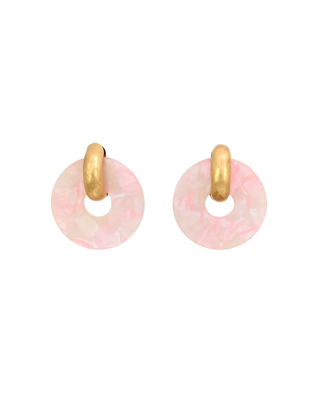 Pink Marbled Resin Stud Earrings with Gold Accents displayed on white background – Dauplaise Jewelry
