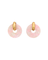 Pink Marbled Resin Stud Earrings with Gold Accents displayed on white background – Dauplaise Jewelry