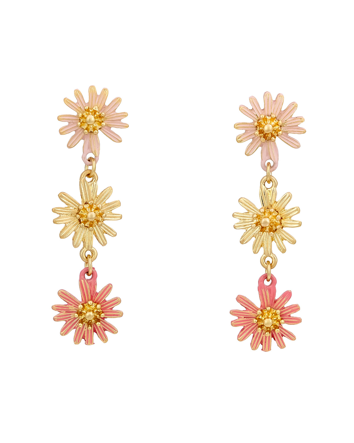 Triple Daisy Drop Earrings displayed on white background – Dauplaise Jewelry