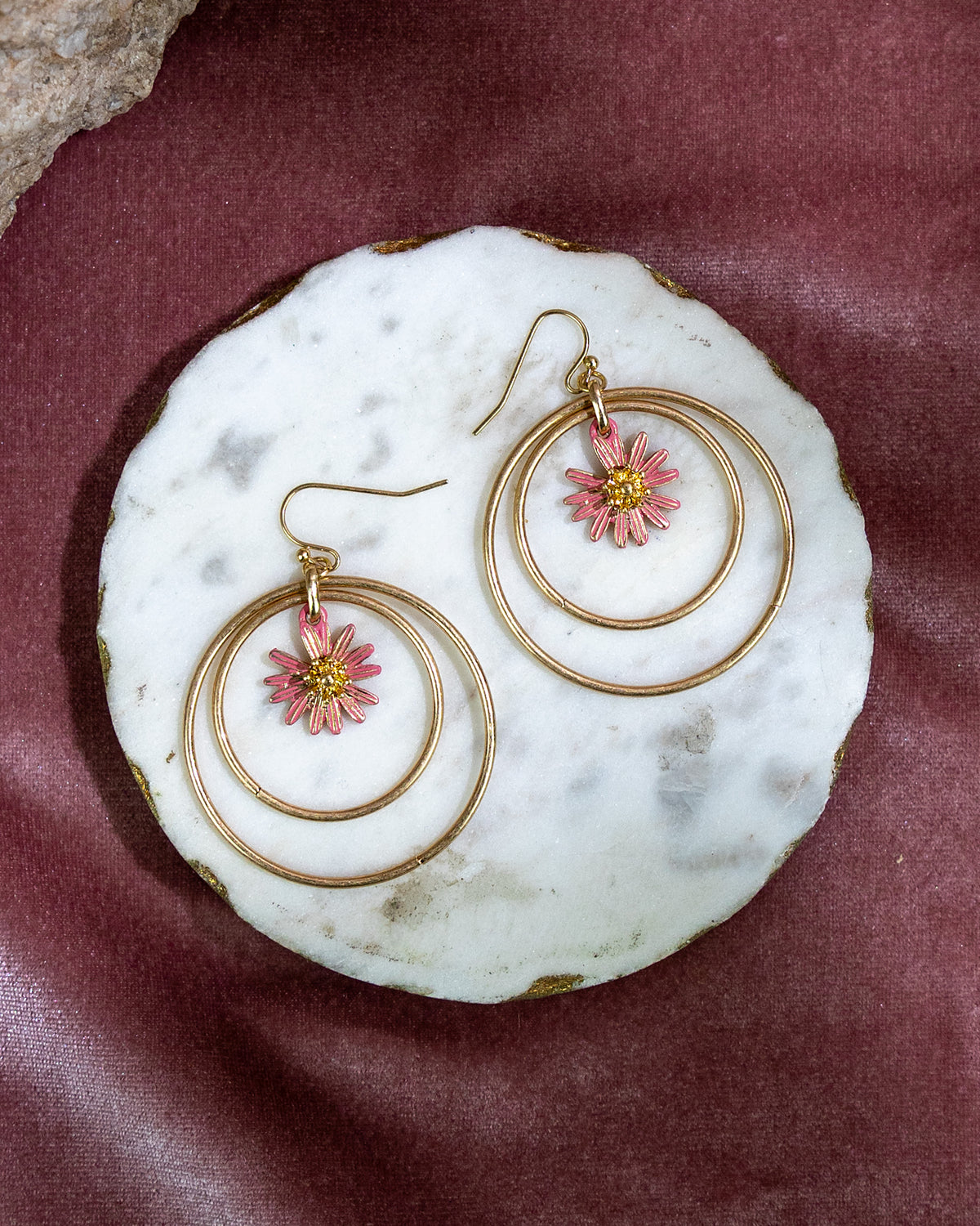 Double Hoop Daisy Drop Earrings