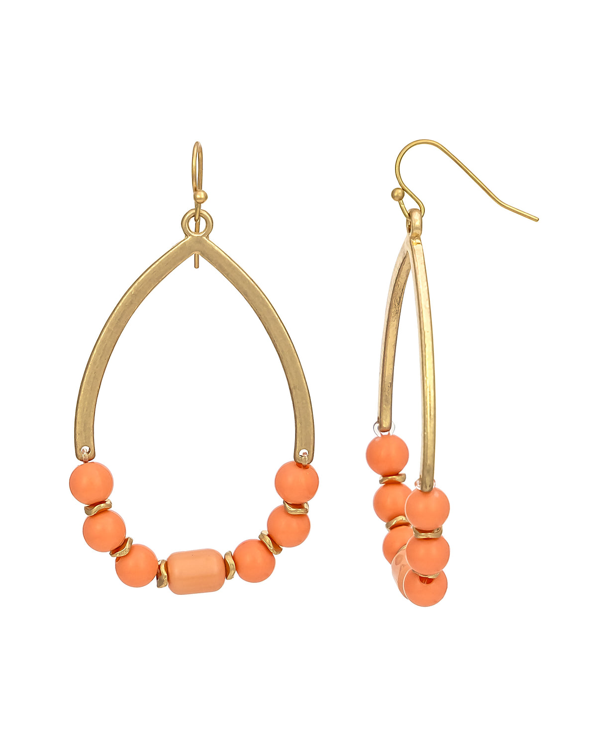 Teardrop Dangle Earrings with Coral Beads displayed on white background – Dauplaise Jewelry