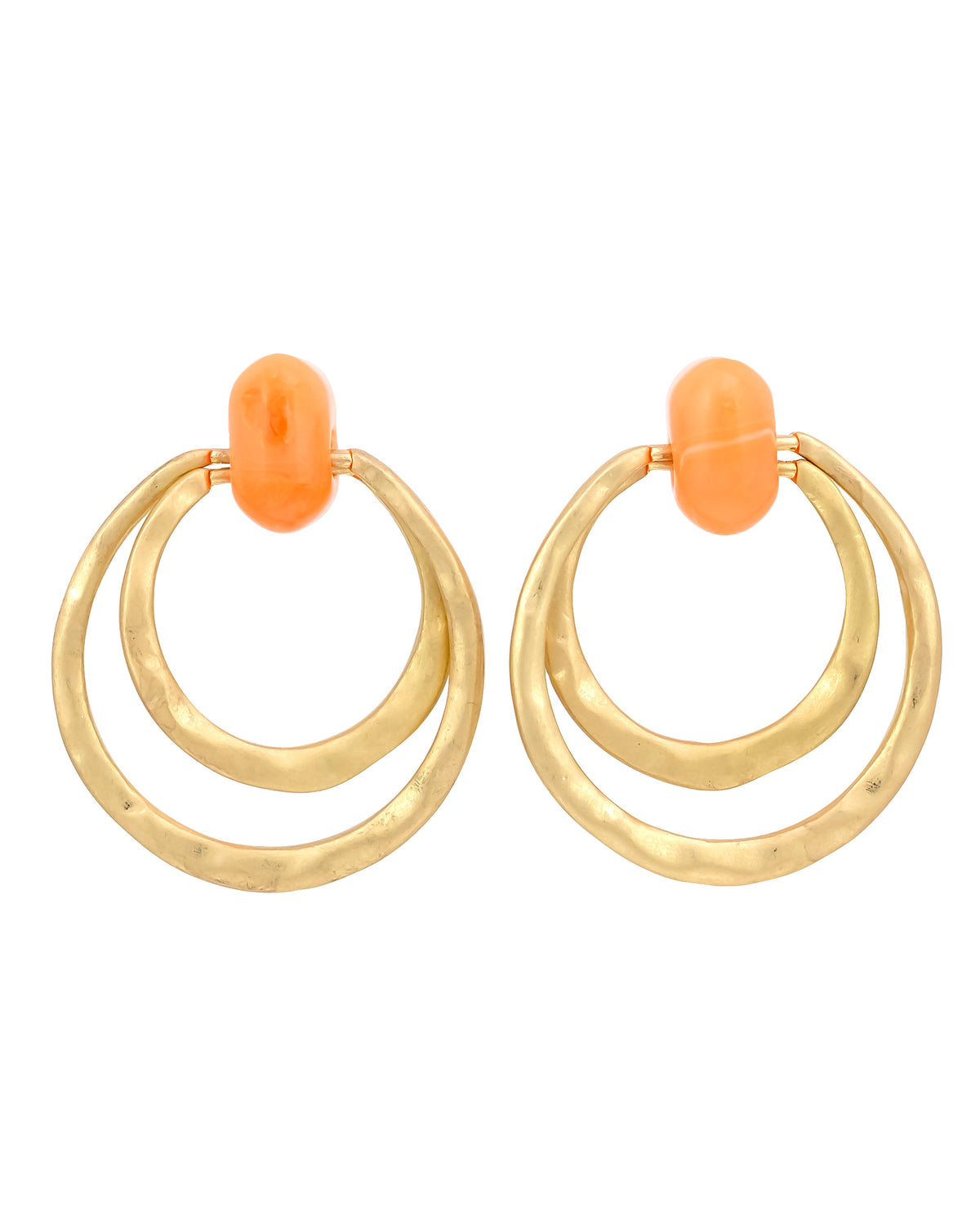 Double Hoop Earrings with coral Stone Accents displayed on white background – Dauplaise Jewelry