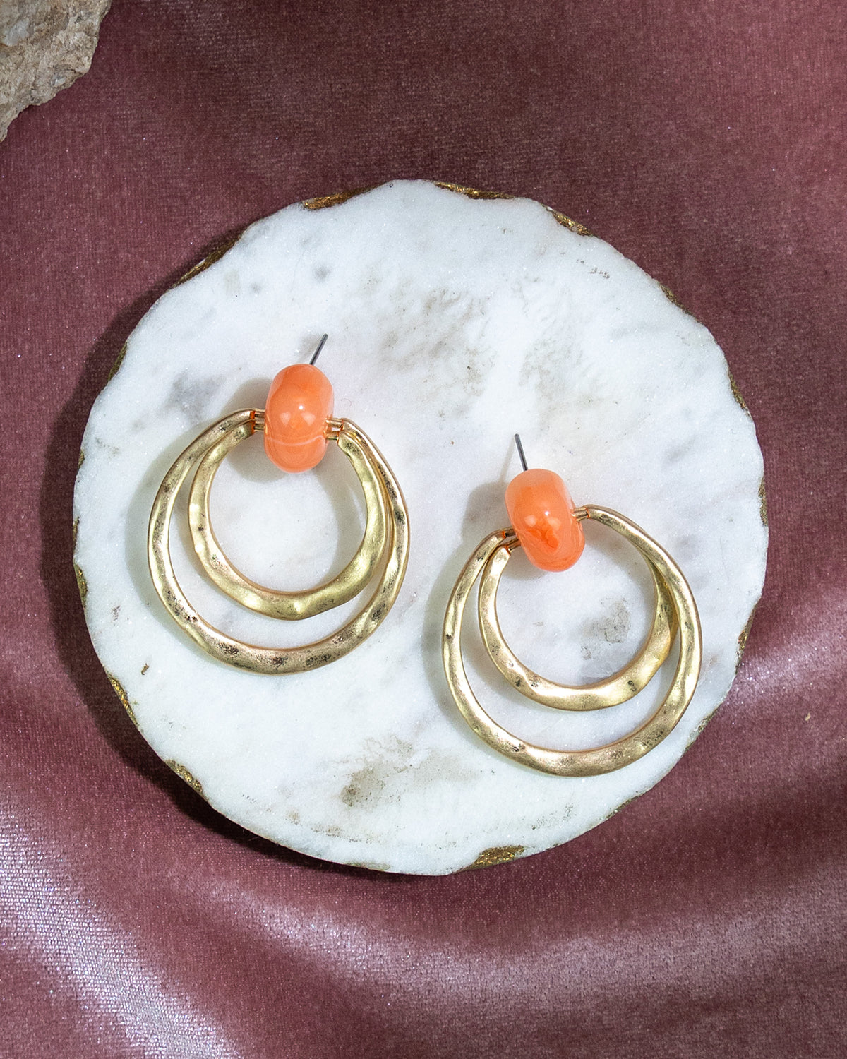 Double Hoop Earrings with coral Stone Accents