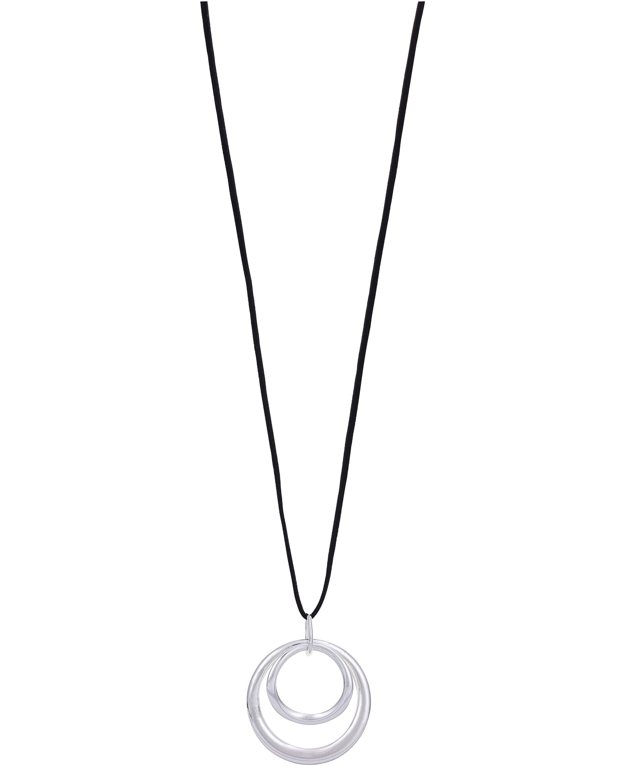 Long Cord with Double Rings Linked Necklace displayed on white background – Dauplaise Jewelry