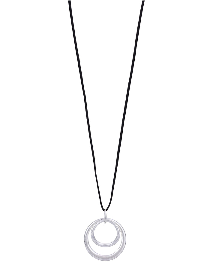 Long Cord with Double Rings Linked Necklace displayed on white background – Dauplaise Jewelry