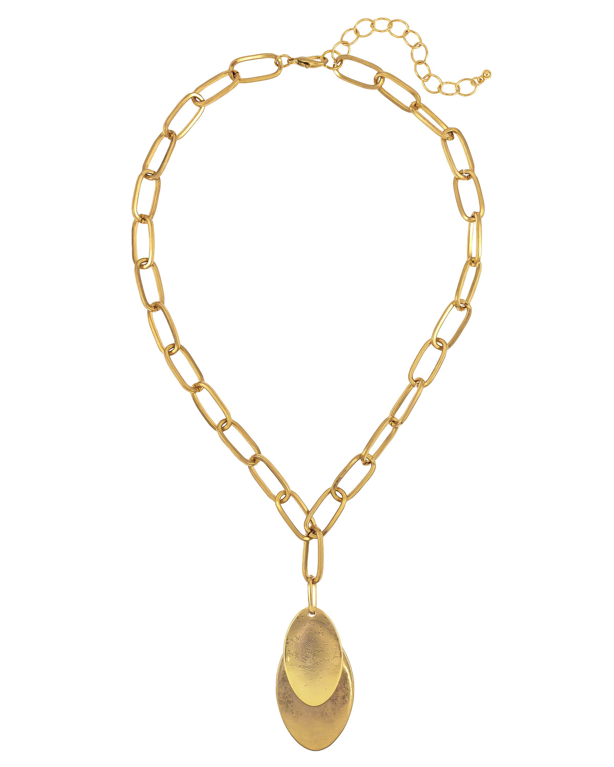 Golden Gala Linked Necklace displayed on white background – Dauplaise Jewelry