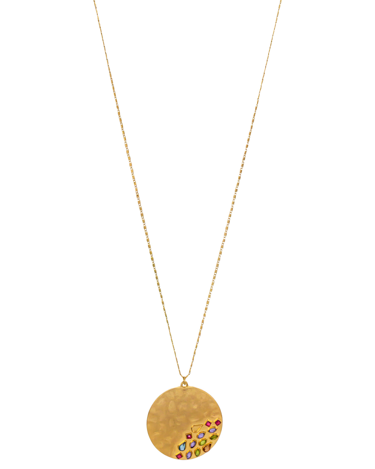 Multi-colored stone pendant necklace on gold-tone chain – Dauplaise Jewelry