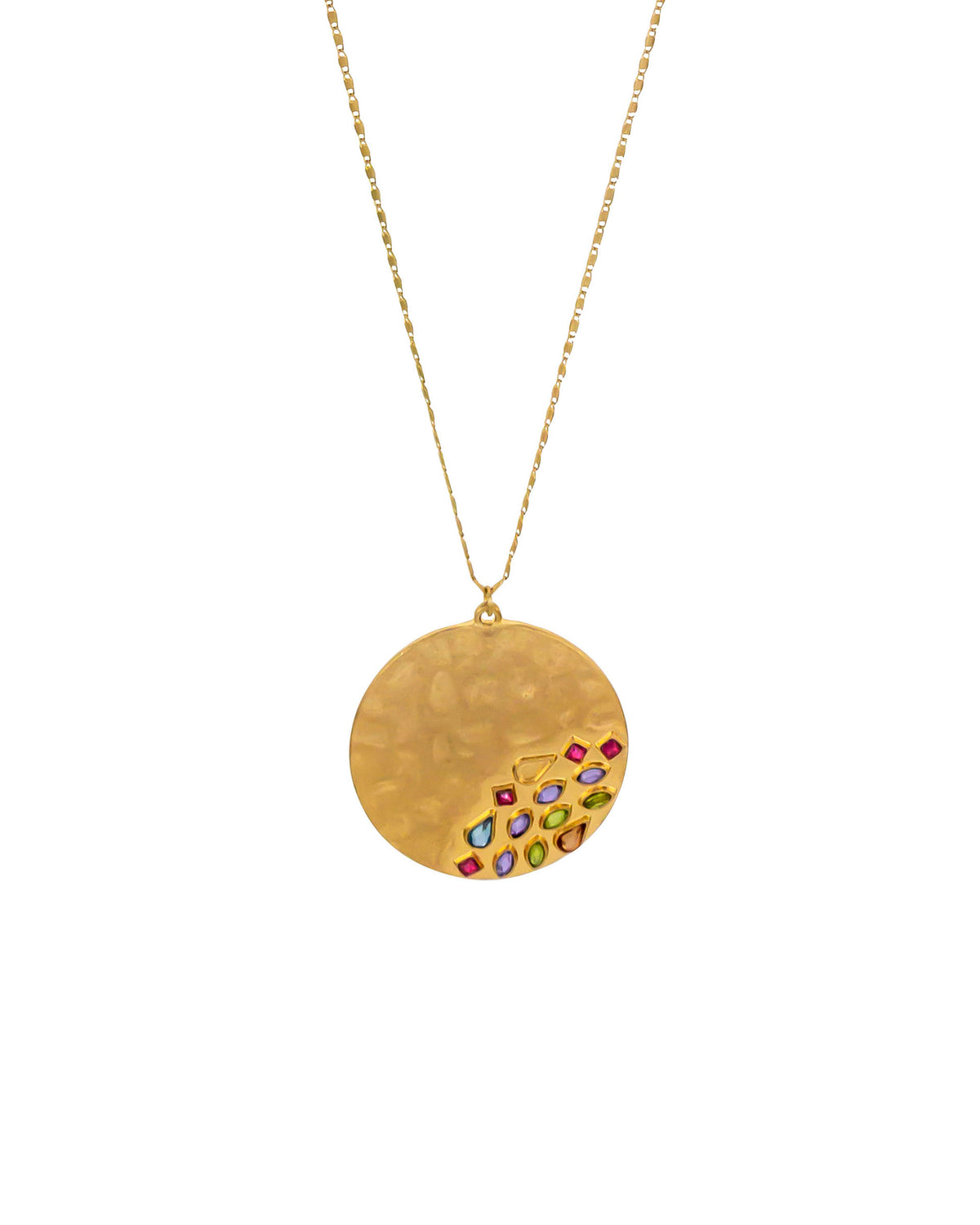 Multi-colored stone pendant necklace on gold-tone chain – Dauplaise Jewelry