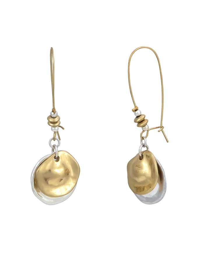 Two-tone shepherd hook earrings with disc pendants – Dauplaise Jewelry