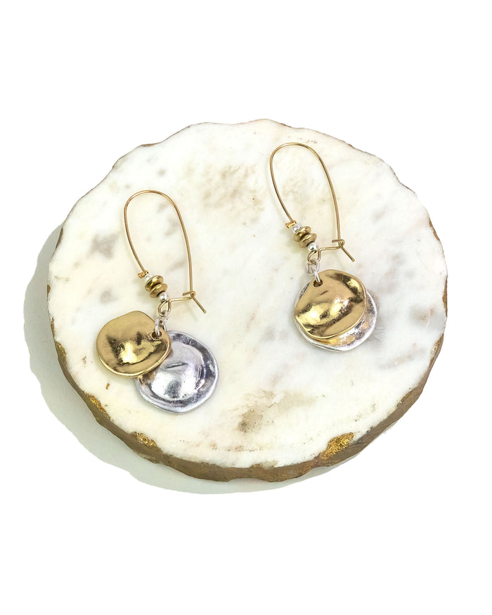 Two-tone shepherd hook earrings with disc pendants – Dauplaise Jewelry