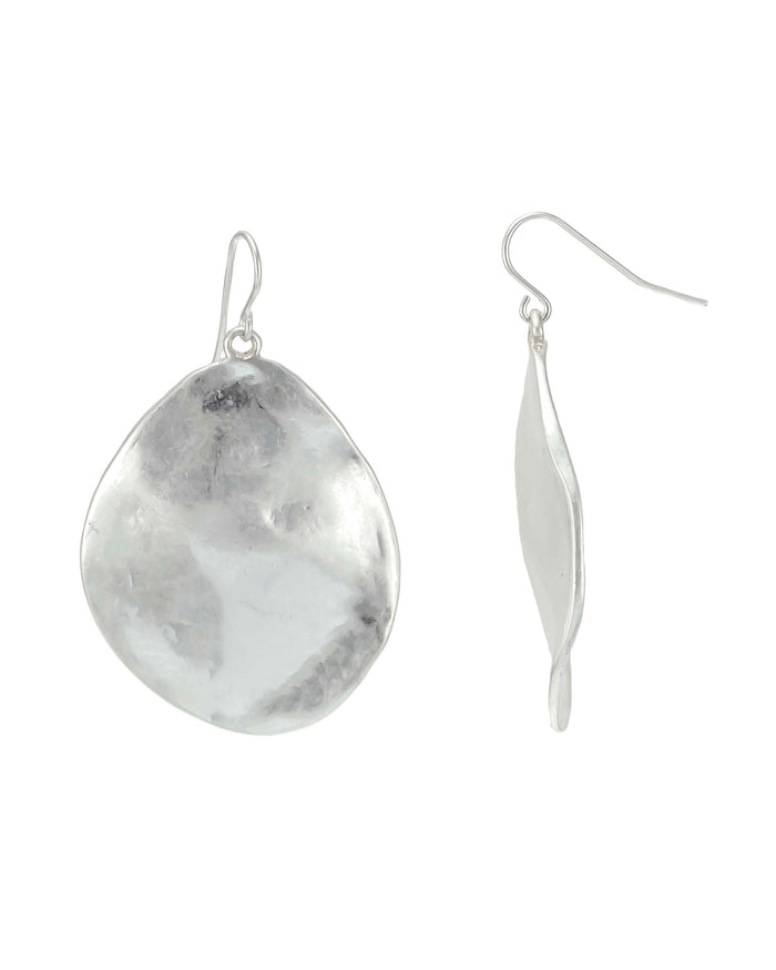 Silver-tone Hammered Disc Drop Earrings displayed on white background – Dauplaise Jewelry