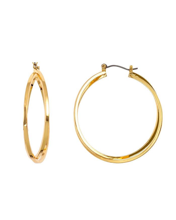 Gold-tone Two Row Open Crossed Hoop Earrings displayed on white background – Dauplaise Jewelry