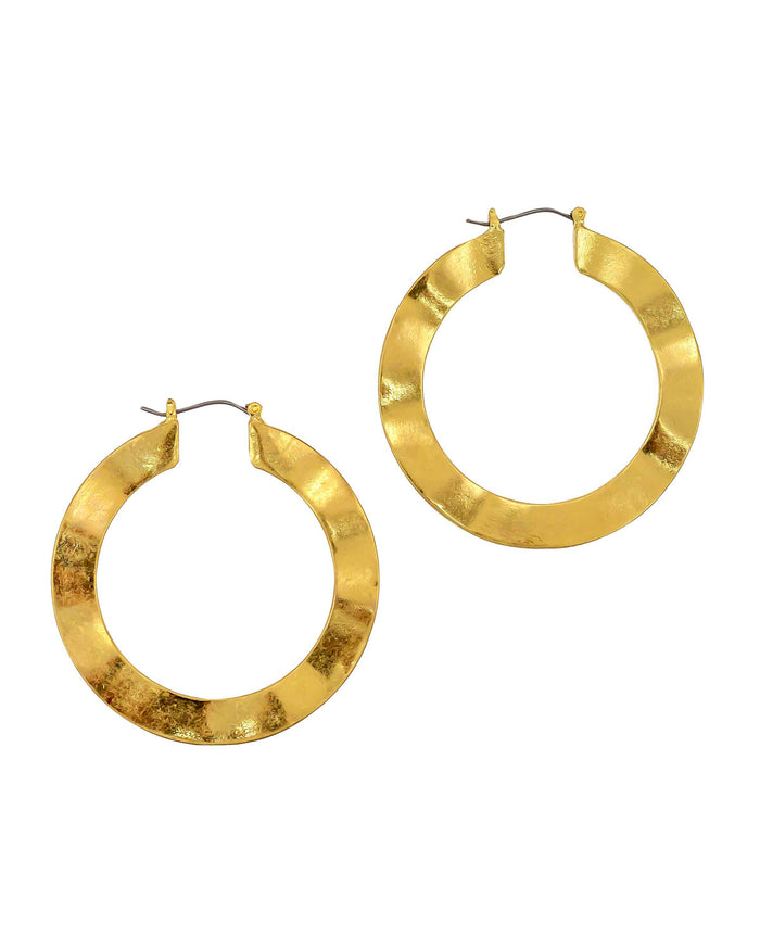 Large Worn-gold Click It Flat Wavy Hoop Earrings displayed on white background – Dauplaise Jewelry