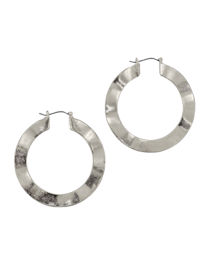 Large Worn-silver Click It Flat Wavy Hoop Earrings displayed on white background – Dauplaise Jewelry