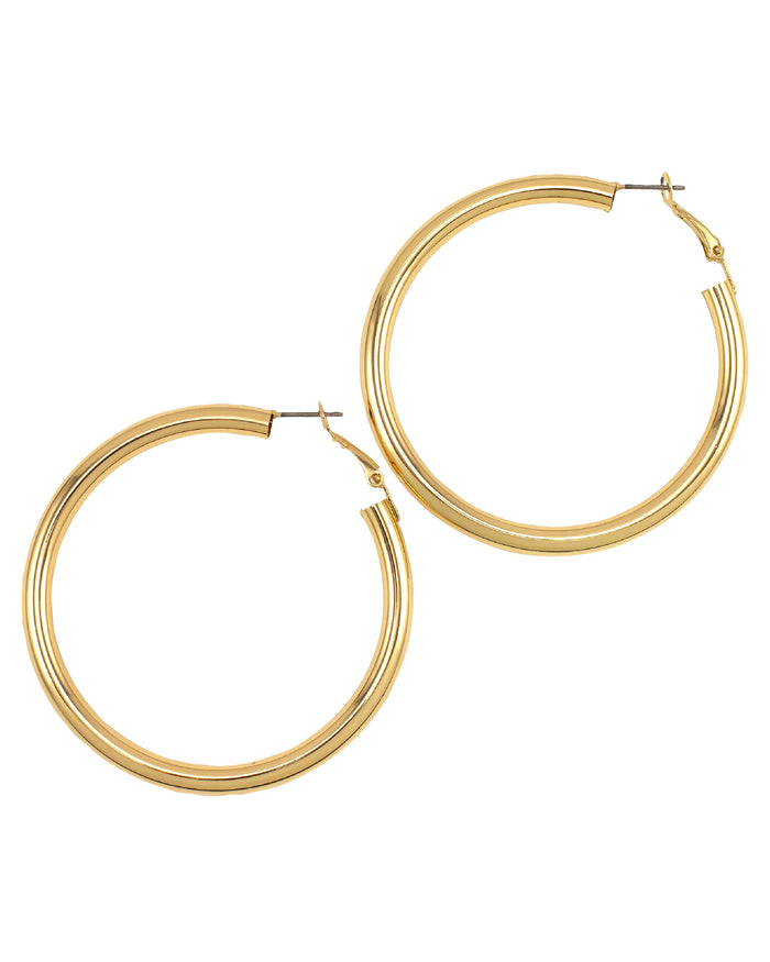 Large Gold-tone Click Metal Hoop Earrings displayed on white background – Dauplaise Jewelry