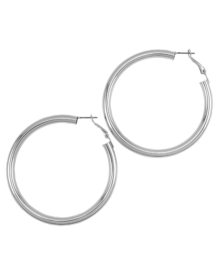 Large Silver-tone Click Metal Hoop Earrings displayed on white background – Dauplaise Jewelry