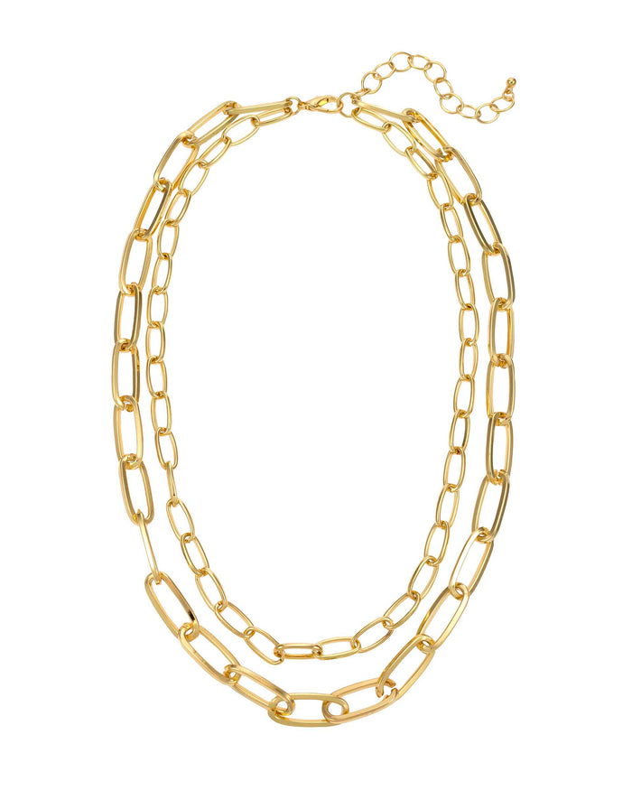 Gold Short Two-Row Links Chain Necklace displayed on white background – Dauplaise Jewelry