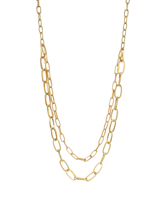 Long Gold Two-Row Links Chain Necklace displayed on white background – Dauplaise Jewelry