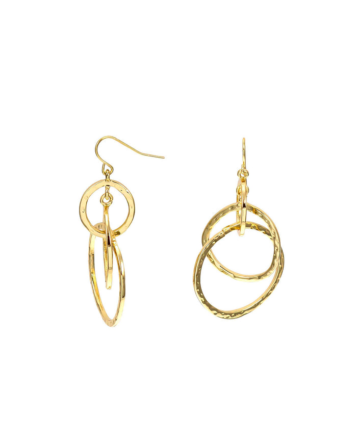 Gold-tone Triple Interlocked Rings Earrings displayed on white background – Dauplaise Jewelry