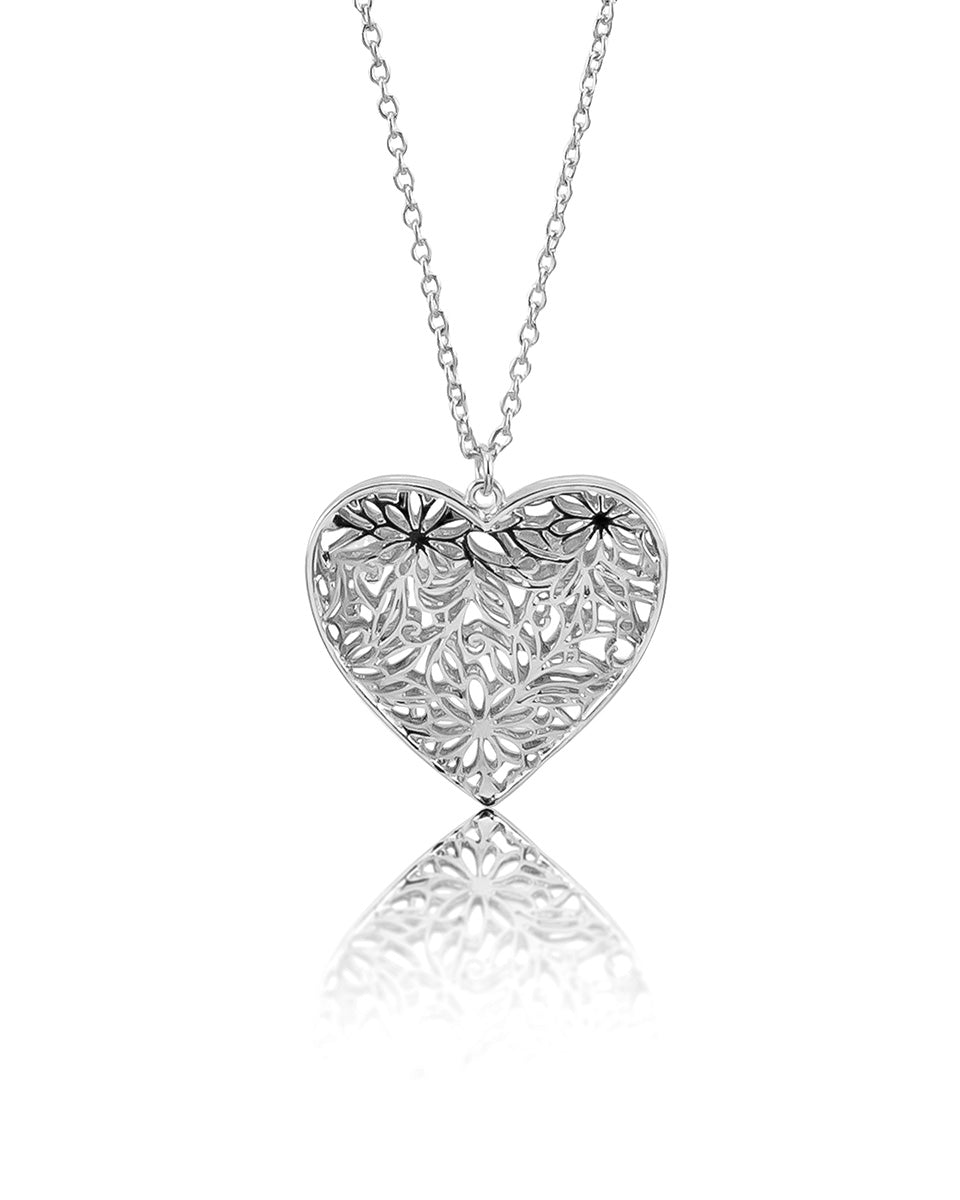 Silver-tone filigree heart pendant on fine chain – Dauplaise Jewelry