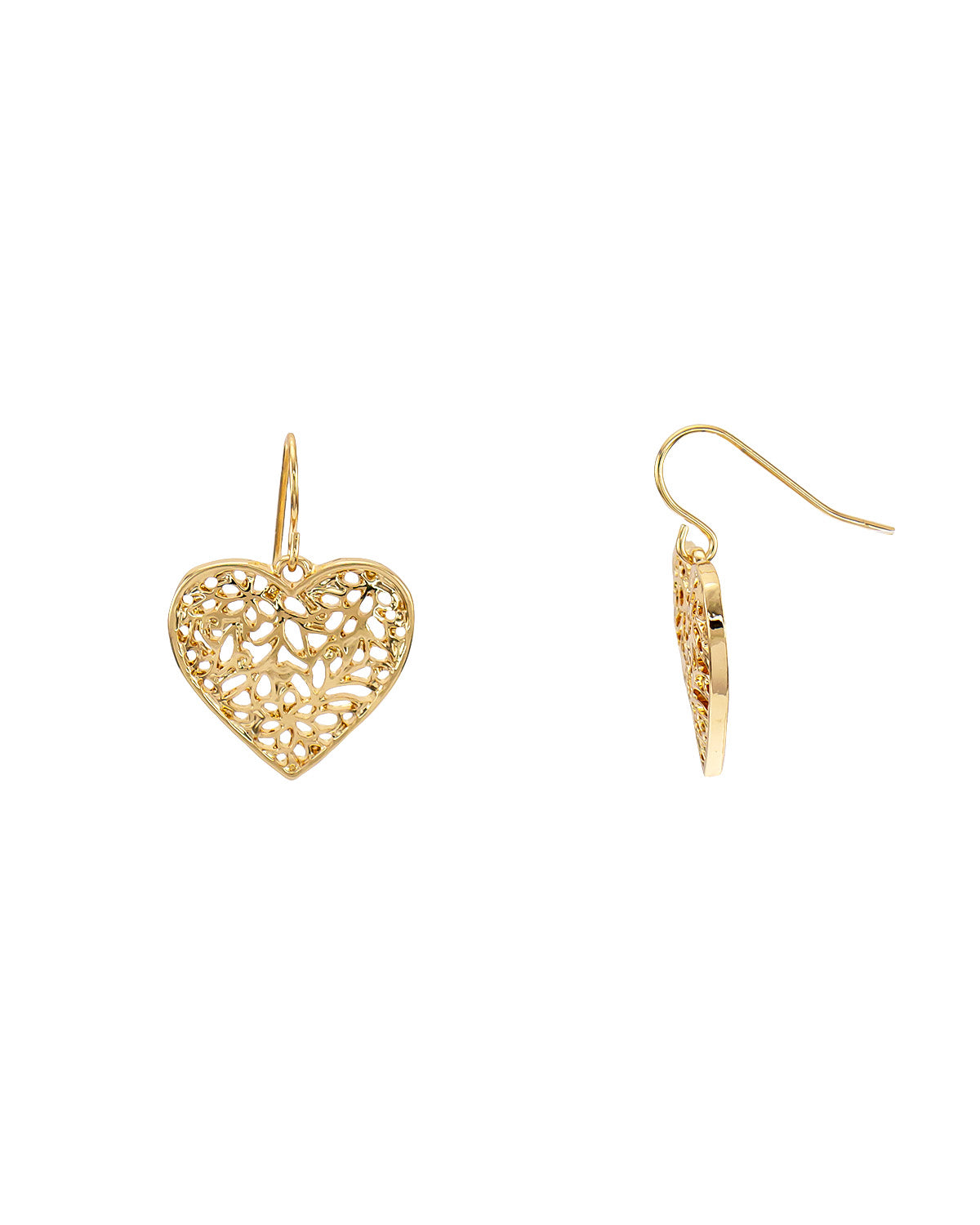 'Be Mine' Filigree Heart Earring in Gold-Tone displayed on white background – Dauplaise Jewelry