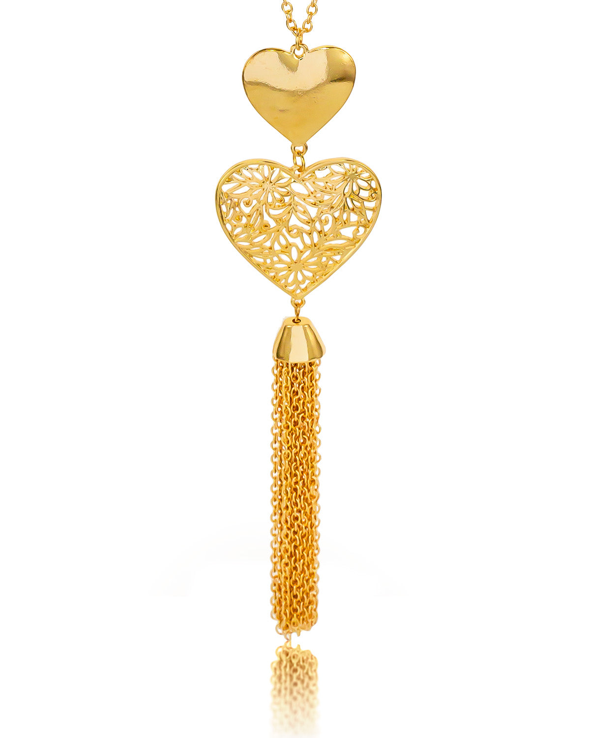 Dauplaise Jewelry - Valentines Double Heart Tassel Necklace in Gold-Tone