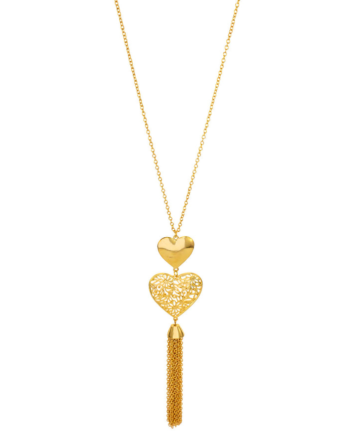 Valentines Double Heart Tassel Necklace in Gold-Tone displayed on white background – Dauplaise Jewelry