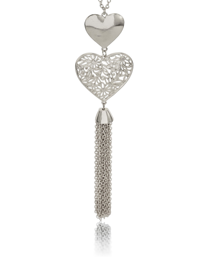 Dauplaise Jewelry - Valentines Double Heart Tassel Necklace in Silver-Tone