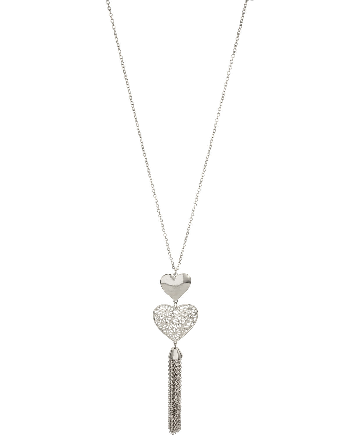 Valentines Double Heart Tassel Necklace in Silver-Tone displayed on white background – Dauplaise Jewelry