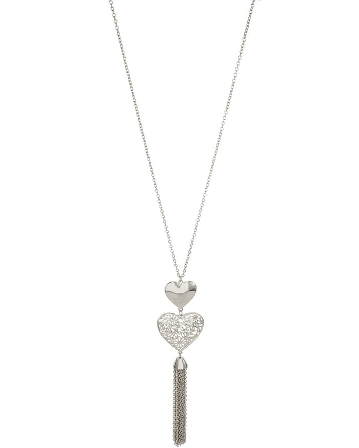 Valentines Double Heart Tassel Necklace in Silver-Tone displayed on white background – Dauplaise Jewelry