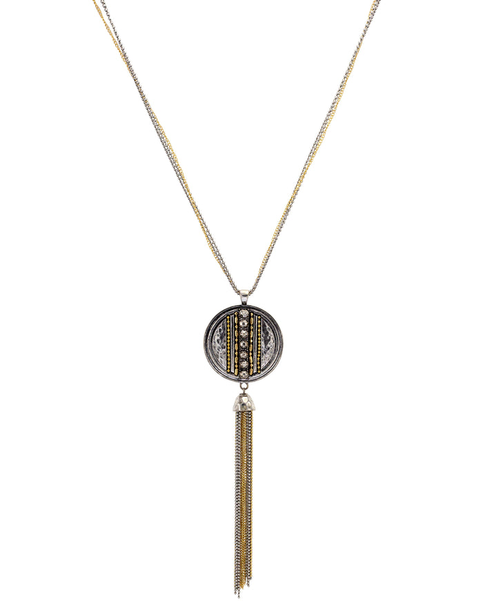 Two-Tone Chain Reactive Long Pendant Tassel Necklace displayed on white background – Dauplaise Jewelry