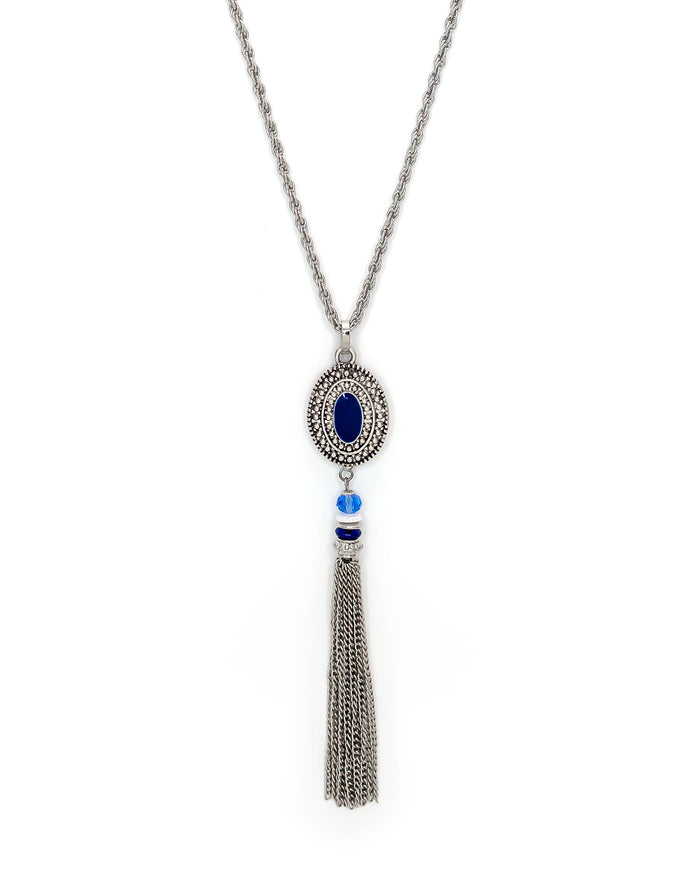 Paisley Pendant Necklace with Blue displayed on white background – Dauplaise Jewelry