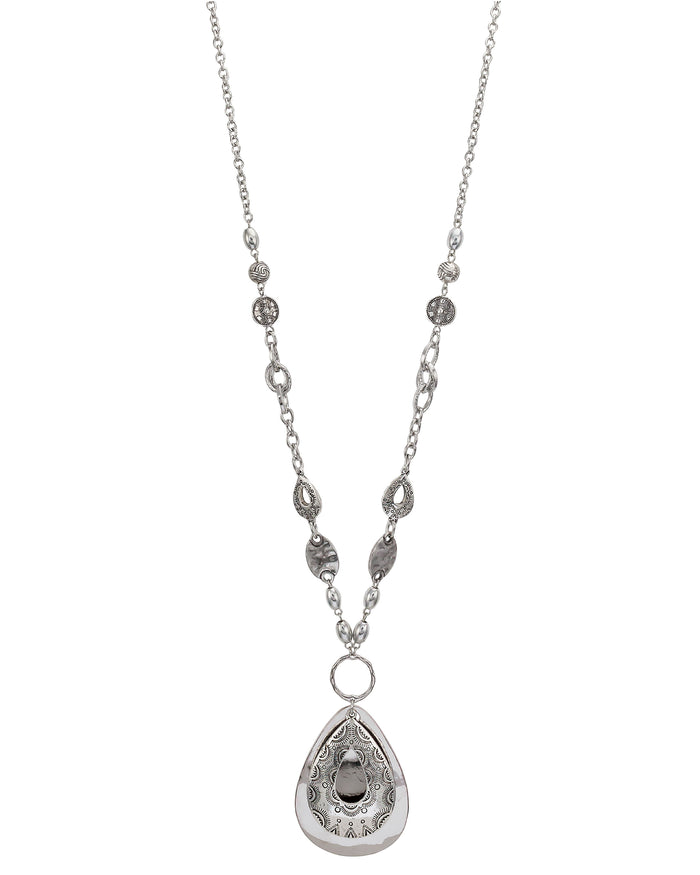 Long Silver-tone Open Filigree Pendant Necklace displayed on white background – Dauplaise Jewelry