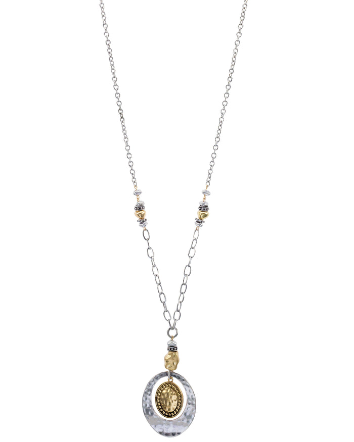 Long Two-tone Orbital Pendant Necklace displayed on white background – Dauplaise Jewelry