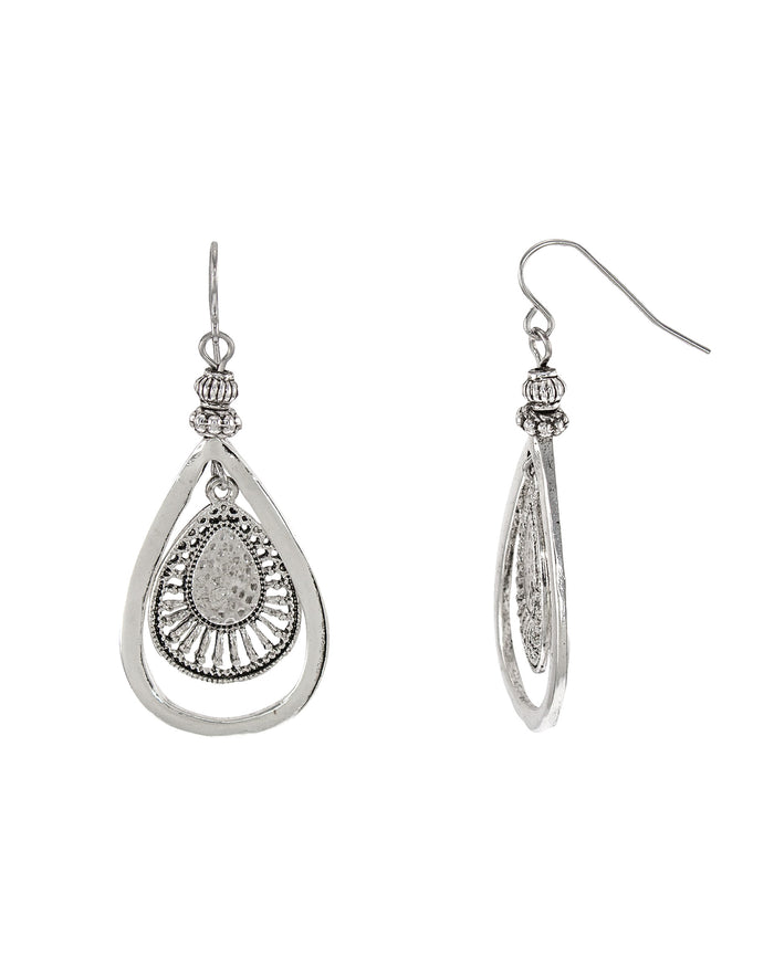 Silver-tone Teardrop Open Filigree Orbital Earrings displayed on white background – Dauplaise Jewelry