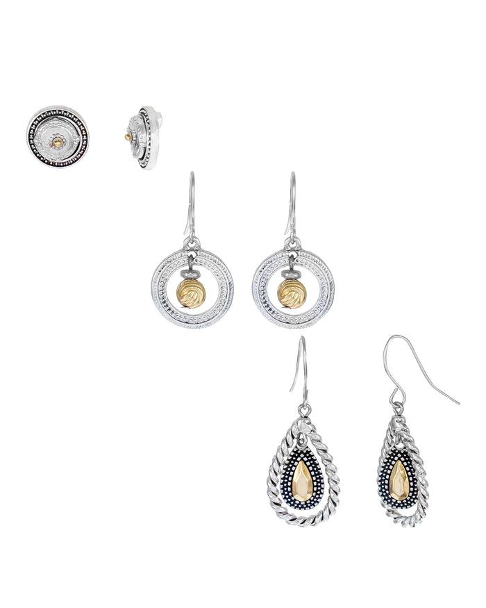 Two-tone Trio Set of Drop Earrings displayed on white background – Dauplaise Jewelry