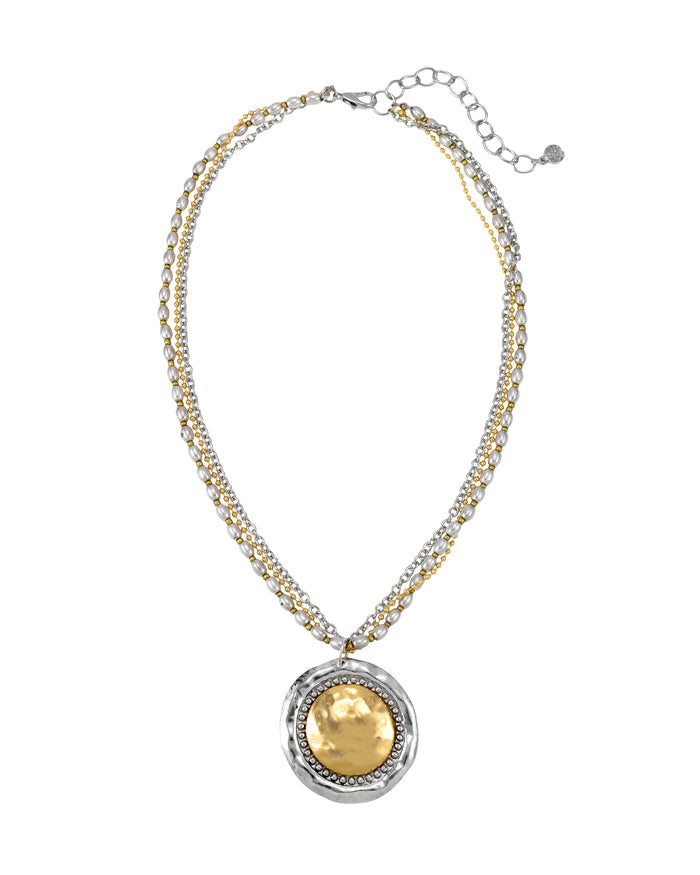 Two-tone Metal Pendant Short Necklace displayed on white background – Dauplaise Jewelry