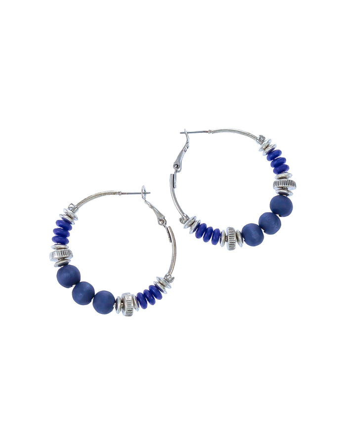 Medium Blue Beaded Hoop Earrings displayed on white background – Dauplaise Jewelry