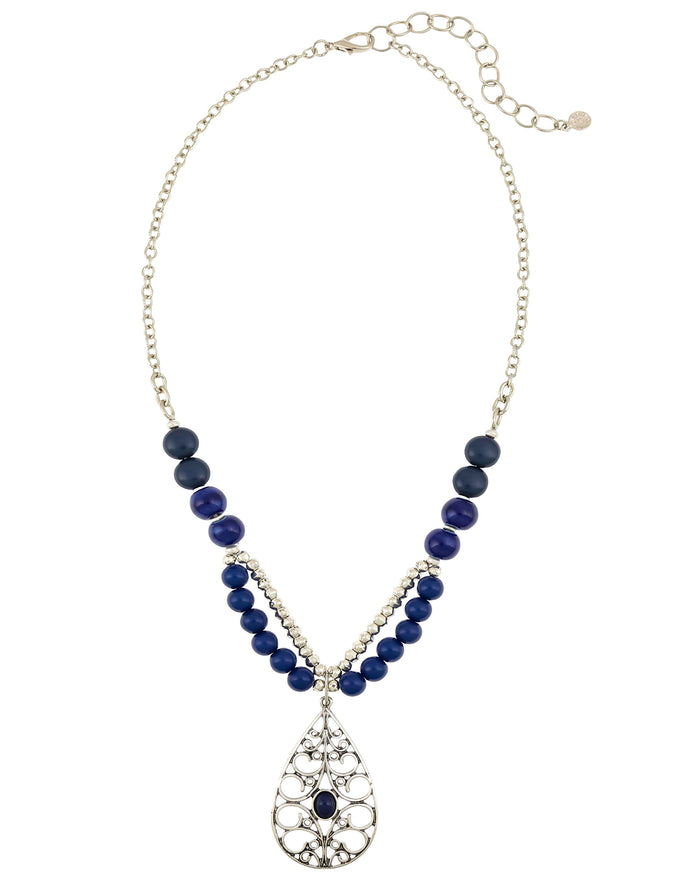 Blue Teardrop Necklace displayed on white background – Dauplaise Jewelry