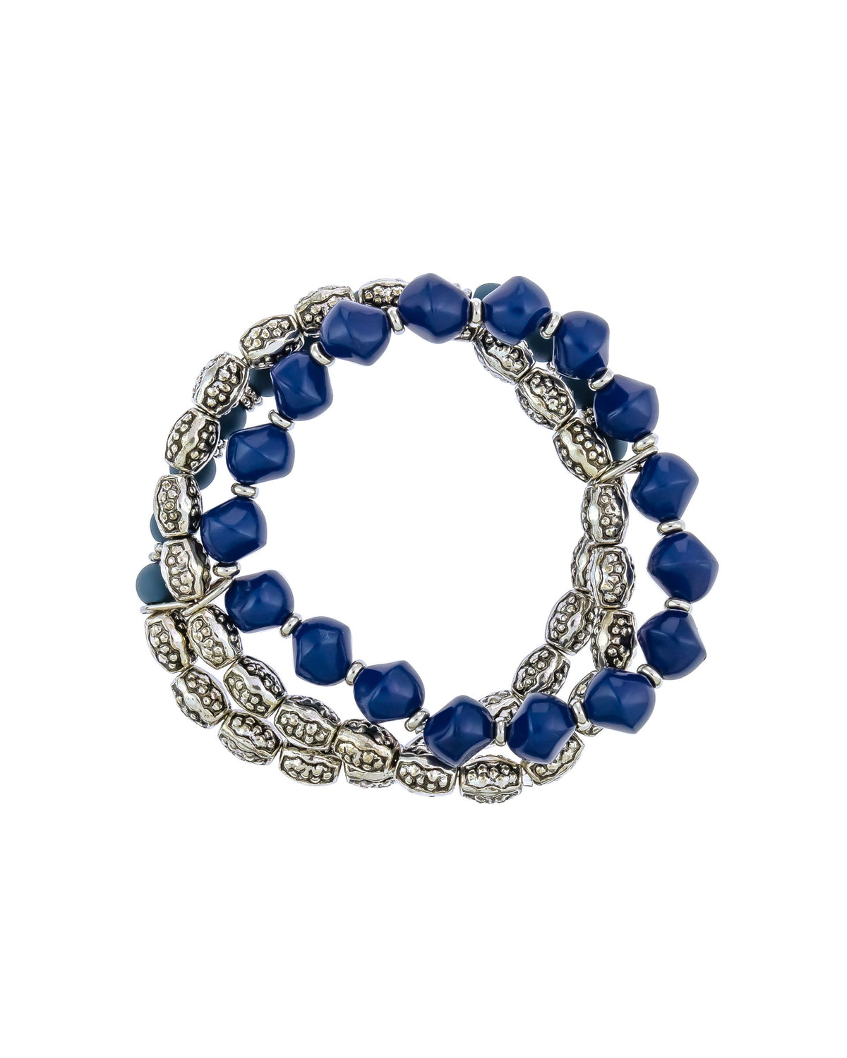 Blue Silver-tone Three Row Beaded Stretch Bracelet displayed on white background – Dauplaise Jewelry