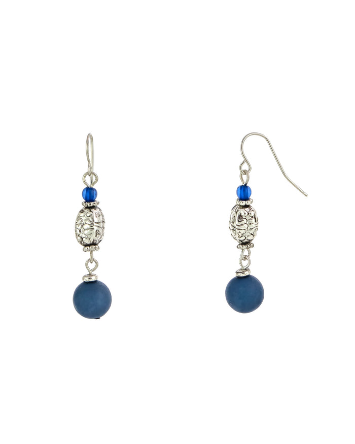 Blue Silver-tone Triple Drops Earrings displayed on white background – Dauplaise Jewelry