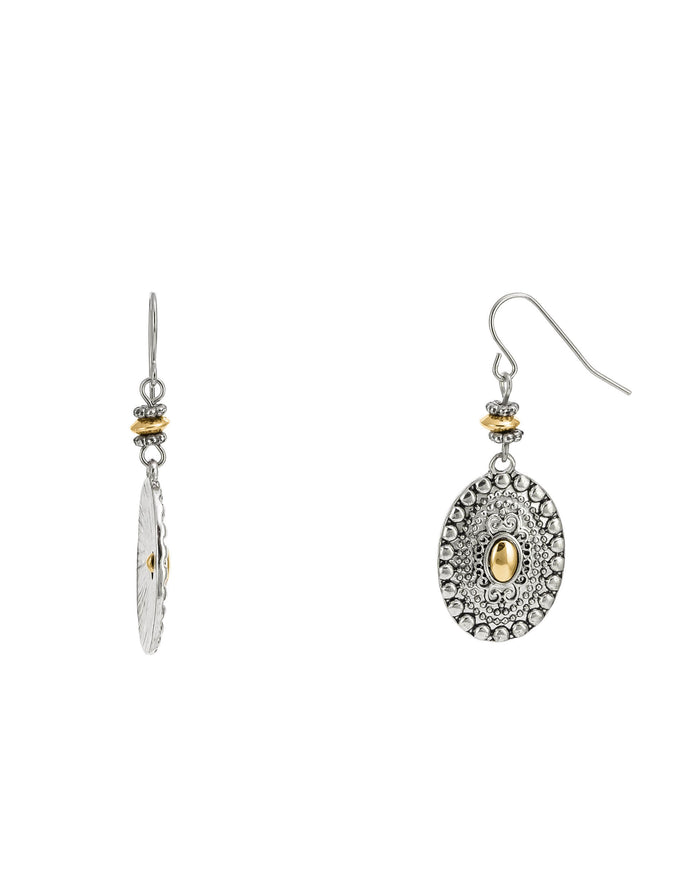 Pair of silver earrings with gold accents on a white background