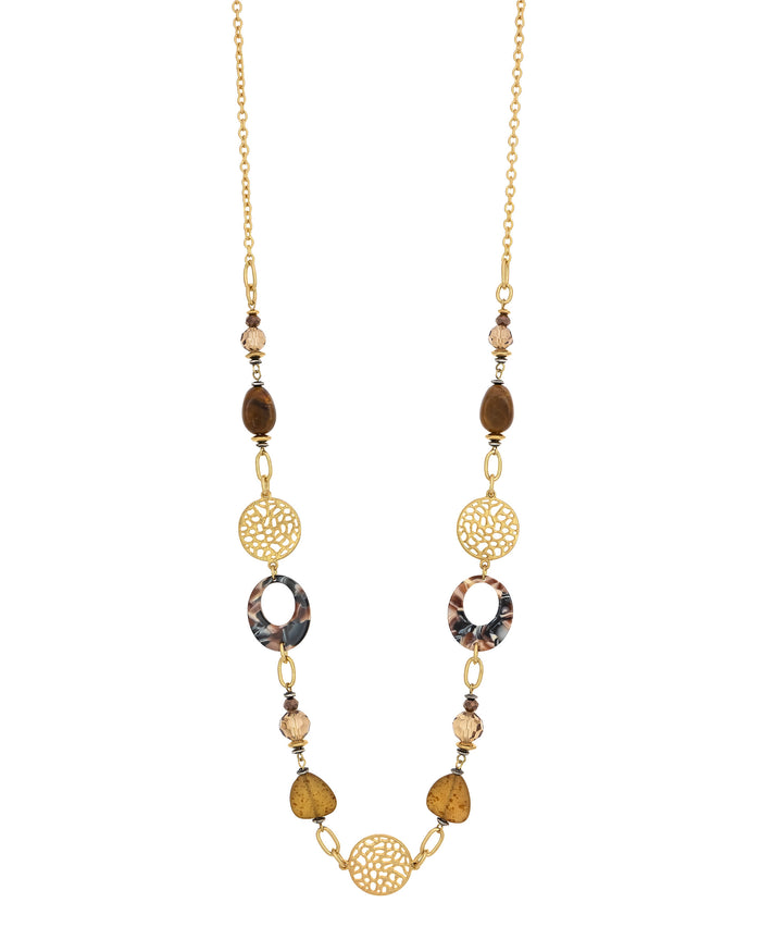 Golden Filigree Statement Necklace with Brown Beads displayed on white background – Dauplaise Jewelry